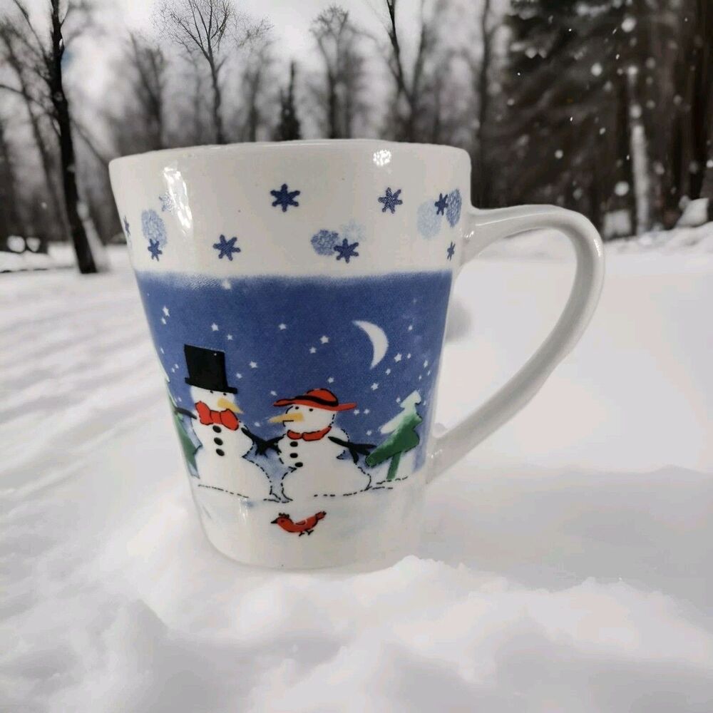 Trisa Winter Snow Fine Stoneware Mug Snowman Family Bird Top Hat Holiday Decor